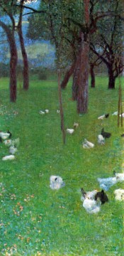 Fowl Painting - After the Rain Garden with Chickens in St Agatha Gustav Klimt